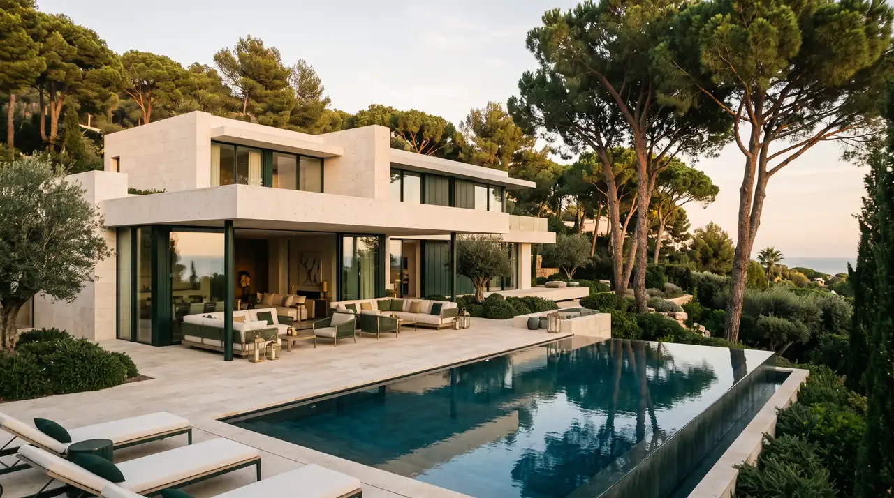 En modern villa med ljusa väggar ligger vid en pool och grönskande trädgård.